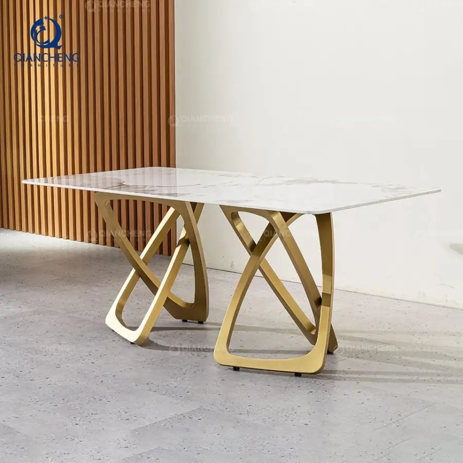 QIANCHENG White Marble Dinning Home Furniture Gold Ss Steel 4 6 8 10 12 Seater Artificial Dining Table with Factory Price — image 6
