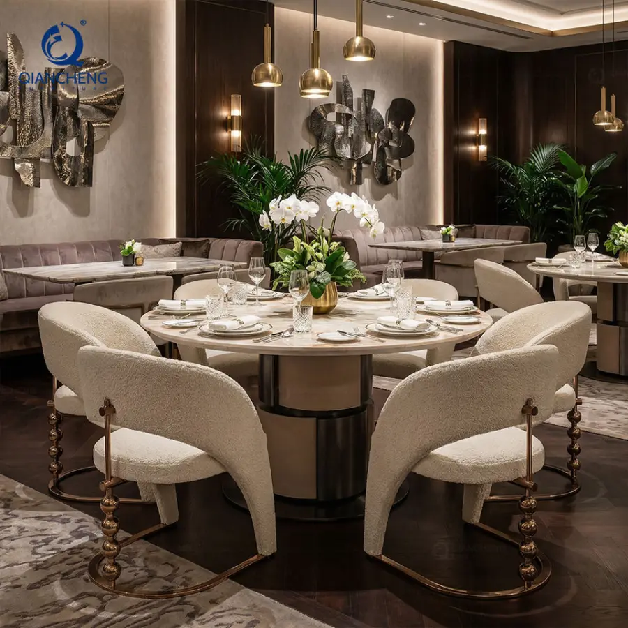 Italian High-end Luxury Natural Marble Dining Table Set 6 Chairs China Foshan Factory Designer Fashion Hotel Restaurant Table — image 4