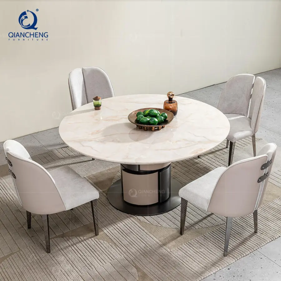 Italian High-end Luxury Natural Marble Dining Table Set 6 Chairs China Foshan Factory Designer Fashion Hotel Restaurant Table — image 5