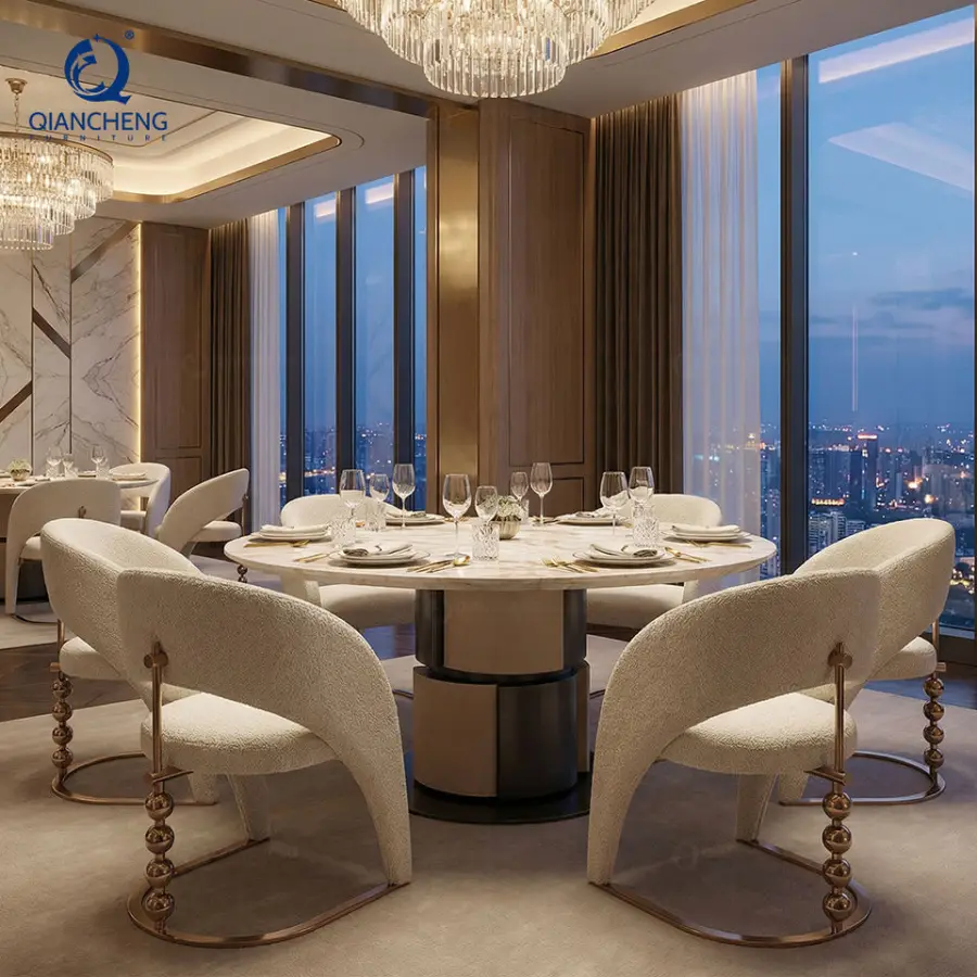Italian High-end Luxury Natural Marble Dining Table Set 6 Chairs China Foshan Factory Designer Fashion Hotel Restaurant Table — image 6