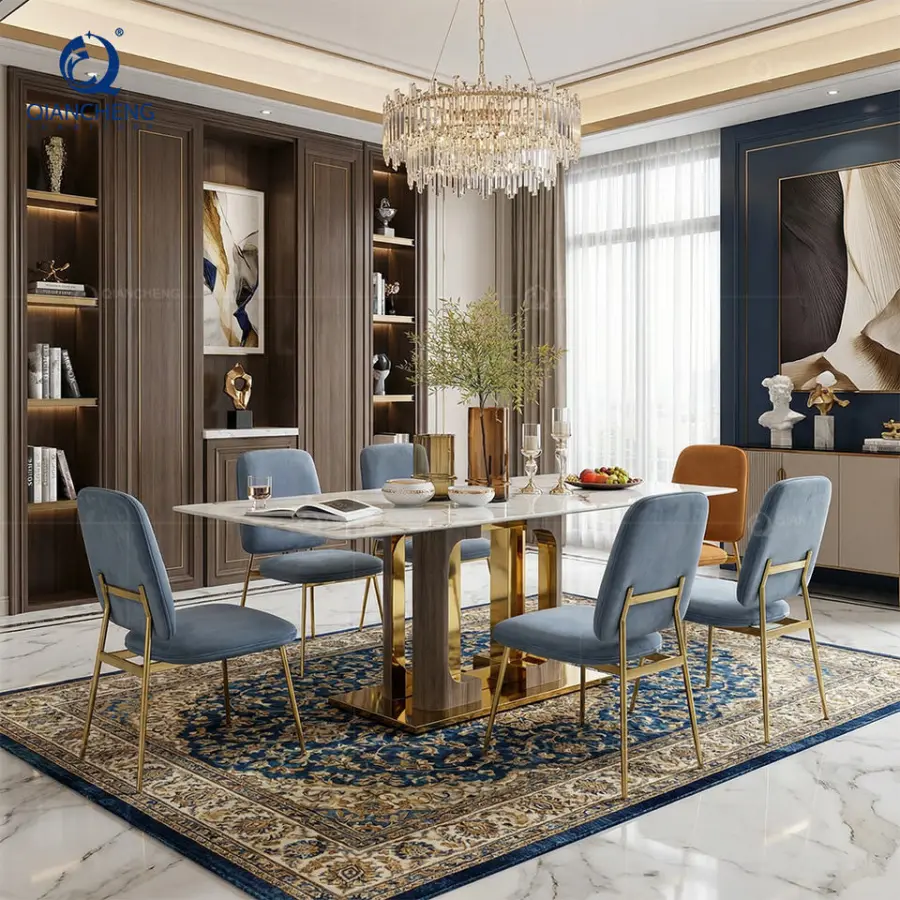 QIANCHENG Stainless Steel with Wood Grain Pattern Base Dining Room Table 78 Inches Long Marble Top Dinning Table and Cha — view 1
