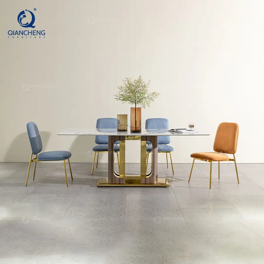 QIANCHENG Stainless Steel with Wood Grain Pattern Base Dining Room Table 78 Inches Long Marble Top Dinning Table and Chair — image 3