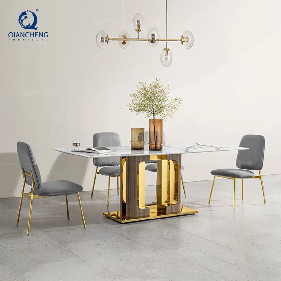 QIANCHENG Stainless Steel with Wood Grain Pattern Base Dining Room Table 78 Inches Long Marble Top Dinning Table and Chair — image 4
