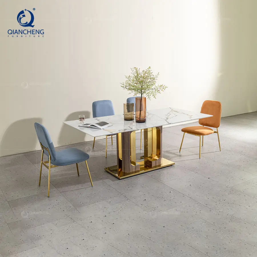 QIANCHENG Stainless Steel with Wood Grain Pattern Base Dining Room Table 78 Inches Long Marble Top Dinning Table and Chair — image 5
