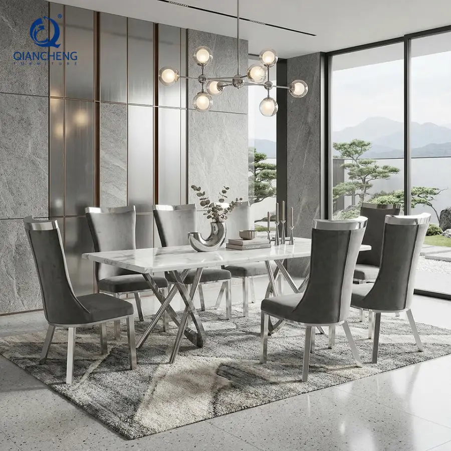 QIANCHENG Minimalist Complete Marble Dinning Set 200cm Luxury Esstisch China Manufacturer Dinning Table — image 3