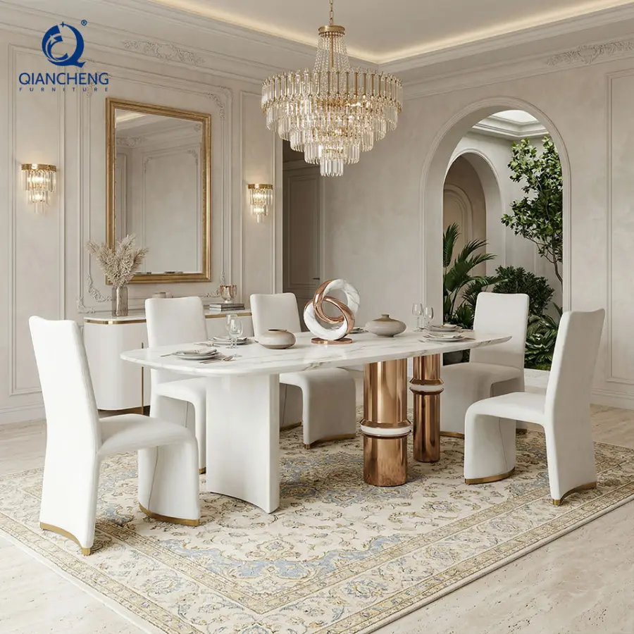 Foshan Shunde Furniture Company Modern Luxury Italian Marble Dining Table with High-End Chair Plating Stainless Steel Fr — view 1