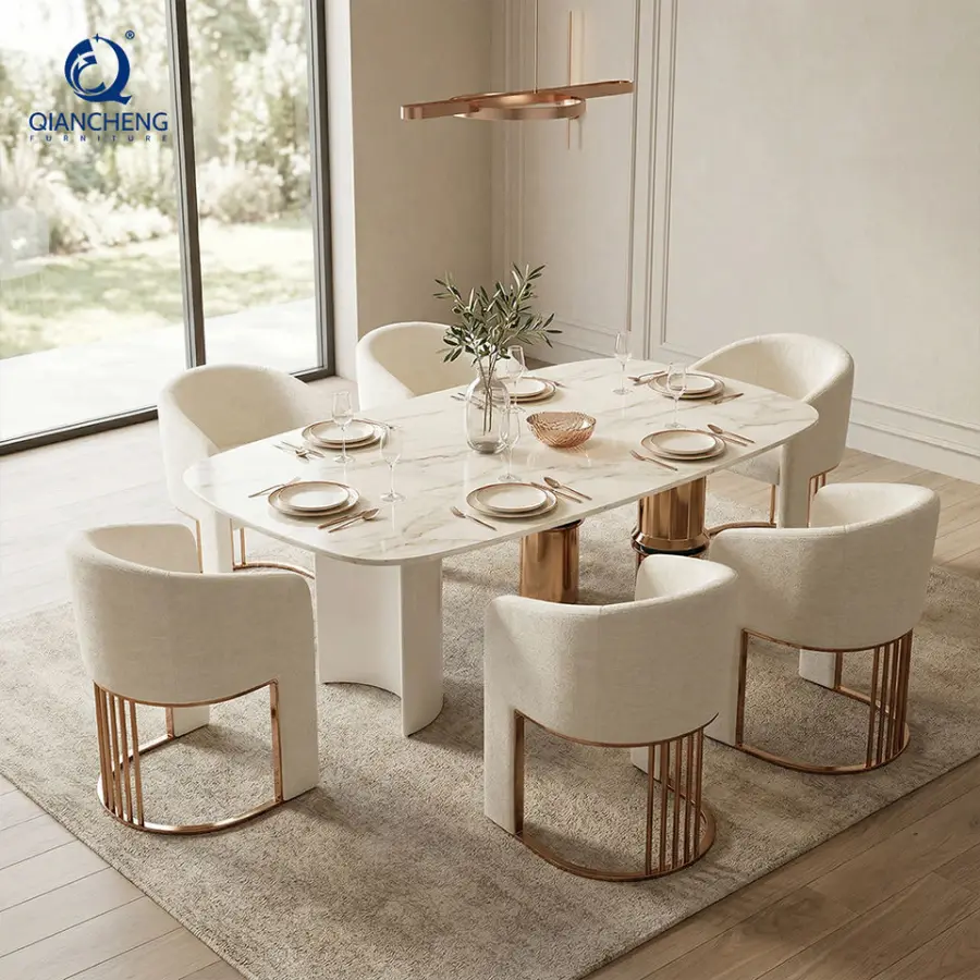 Foshan Shunde Furniture Company Modern Luxury Italian Marble Dining Table with High-End Chair Plating Stainless Steel Frame — image 3