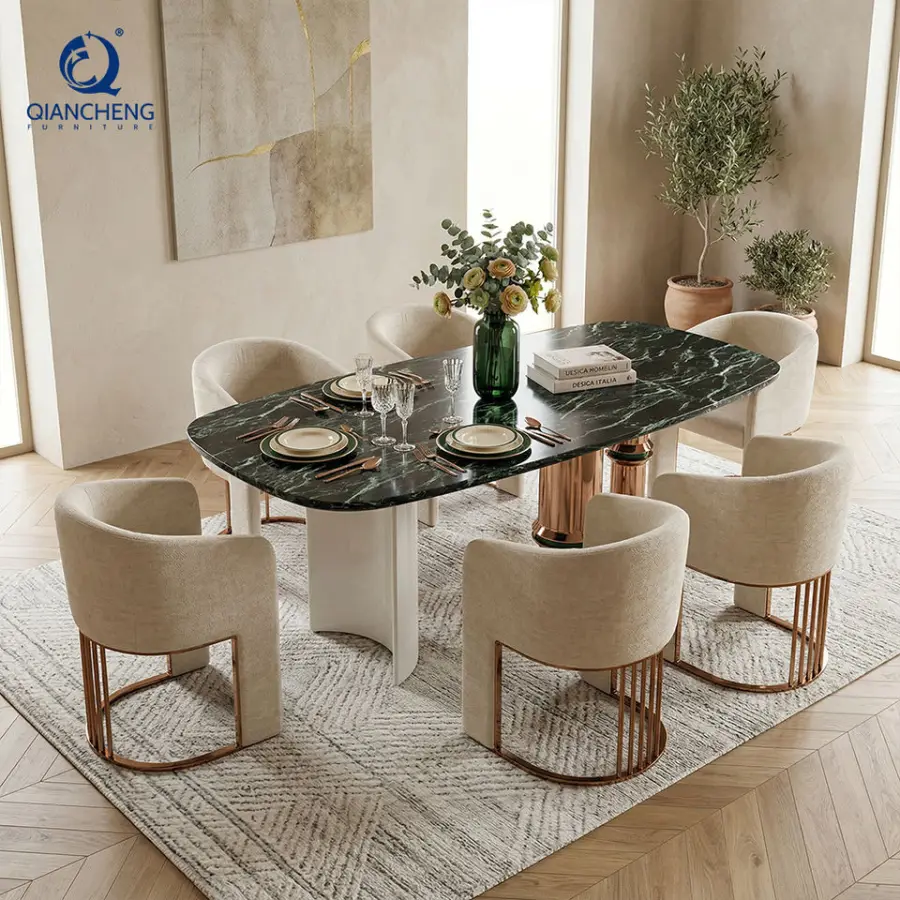 Foshan Shunde Furniture Company Modern Luxury Italian Marble Dining Table with High-End Chair Plating Stainless Steel Frame — image 5
