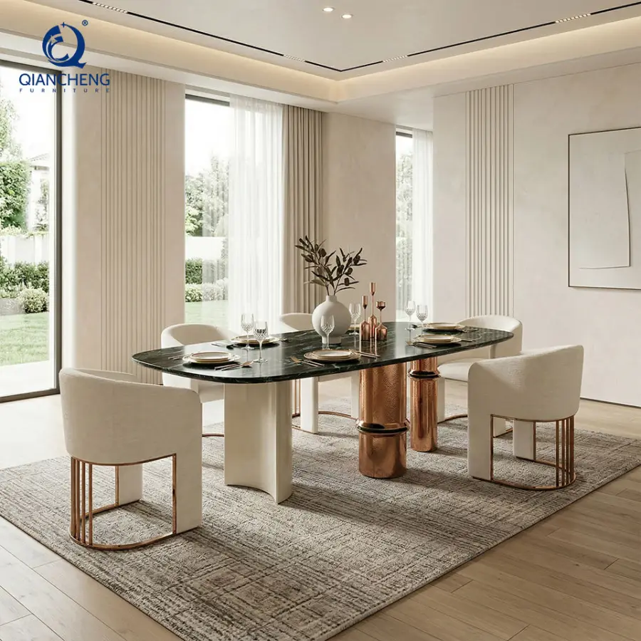 Foshan Shunde Furniture Company Modern Luxury Italian Marble Dining Table with High-End Chair Plating Stainless Steel Frame — image 7