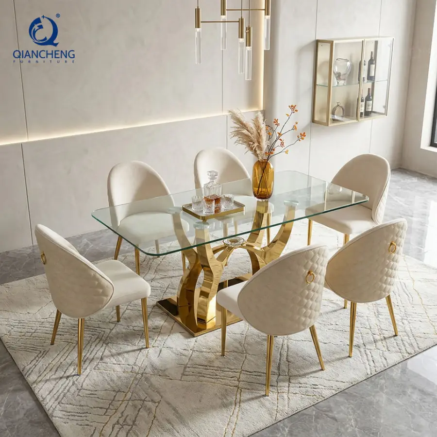 Living Room Furniture Tempered Glass Top Stainless Steel Glass Dining Table Set Modern Dining Table — view 1