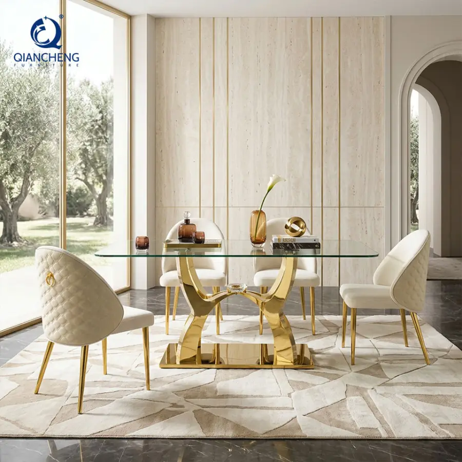 Living Room Furniture Tempered Glass Top Stainless Steel Glass Dining Table Set Modern Dining Table — image 3