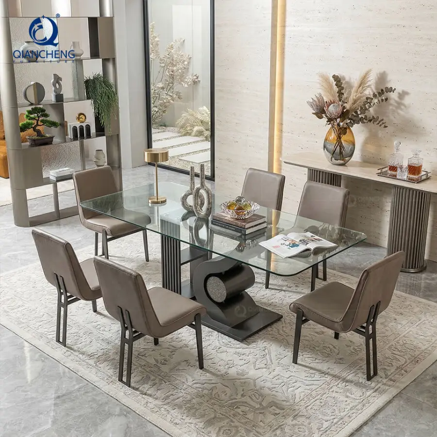 12mm Thick Tempered Glass Dining Table 8 Seat Guangzhou China Custom Design Black Metal Base Dining Room Table Modern Re — view 1