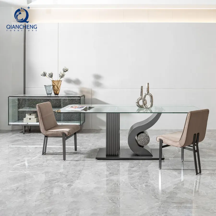 12mm Thick Tempered Glass Dining Table 8 Seat Guangzhou China Custom Design Black Metal Base Dining Room Table Modern Rectangle — image 3