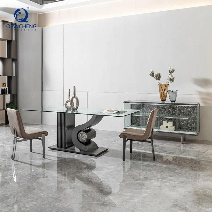 12mm Thick Tempered Glass Dining Table 8 Seat Guangzhou China Custom Design Black Metal Base Dining Room Table Modern Rectangle — image 4