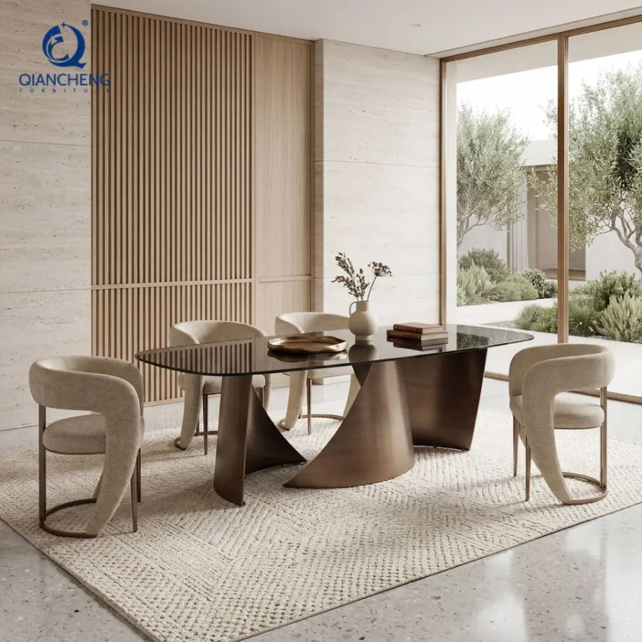 High Quality Modern Stainless Steel Legs Rectangular Tempered Glass Top Dining Table for Restaurant Hotel Home Furniture — view 1