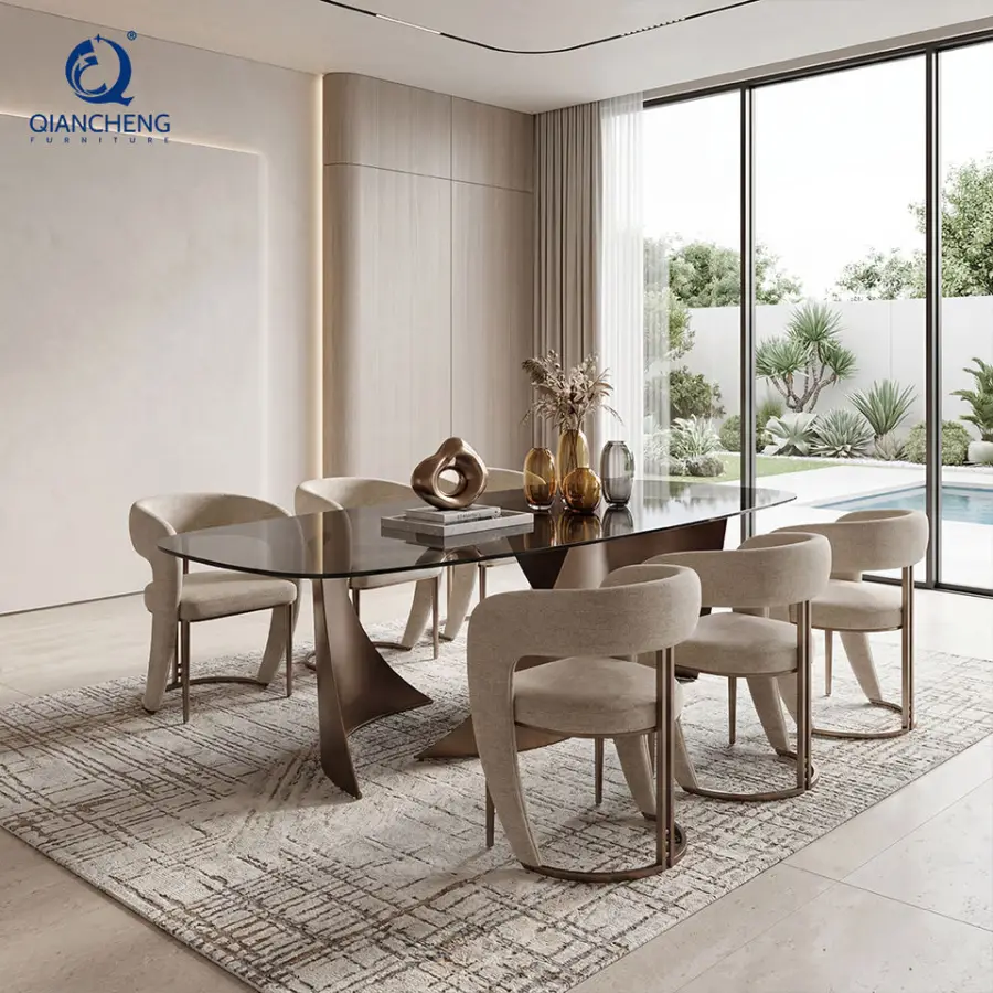 High Quality Modern Stainless Steel Legs Rectangular Tempered Glass Top Dining Table for Restaurant Hotel Home Furniture — image 5