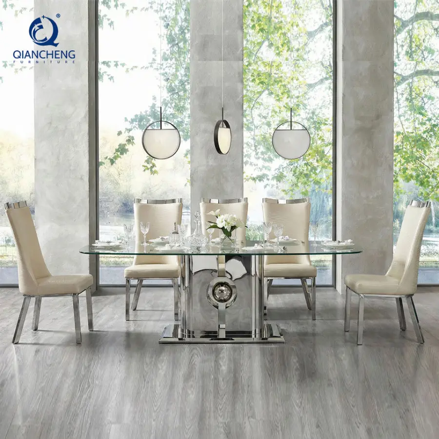 Latest Fashion Design 8 Seater Dining Table and Chair Set High-End Villa Large Marble Glass Dining Table for Dubai Arabia — image 3
