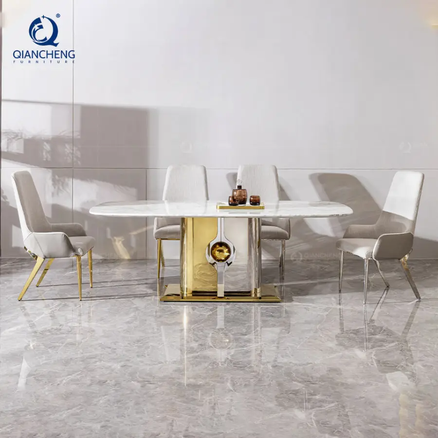 Latest Fashion Design 8 Seater Dining Table and Chair Set High-End Villa Large Marble Glass Dining Table for Dubai Arabia — image 5