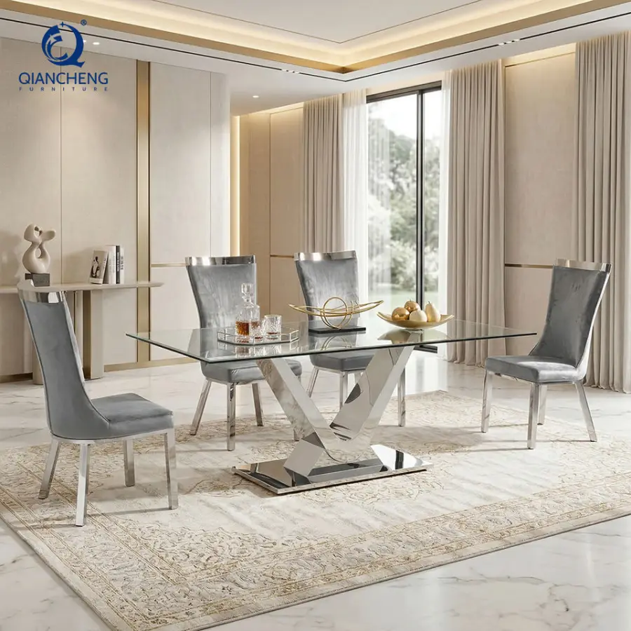 New Arrival Luxury Rectangular Dining Table With Tempered Glass Top Table and Chairs Set for Home Kitchen or Restaurant — image 3