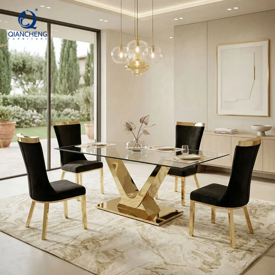 New Arrival Luxury Rectangular Dining Table With Tempered Glass Top Table and Chairs Set for Home Kitchen or Restaurant — image 4