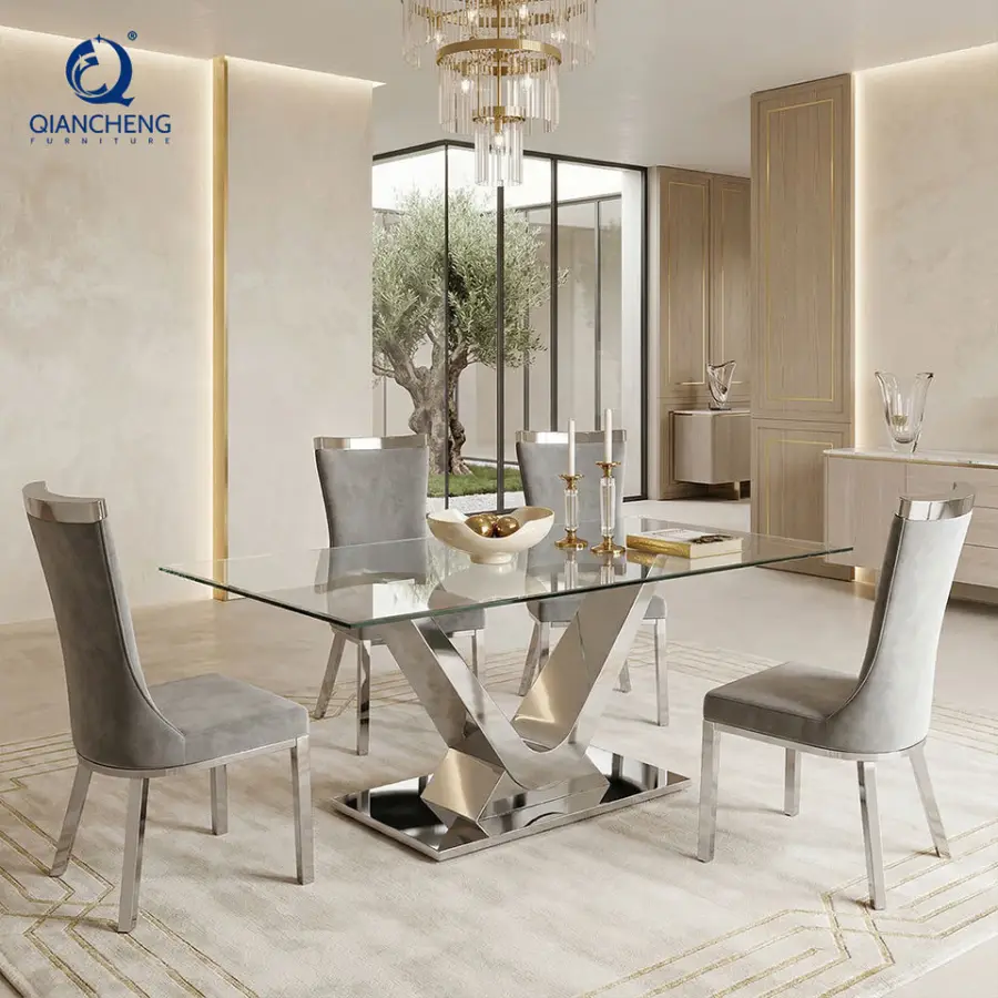New Arrival Luxury Rectangular Dining Table With Tempered Glass Top Table and Chairs Set for Home Kitchen or Restaurant — image 5