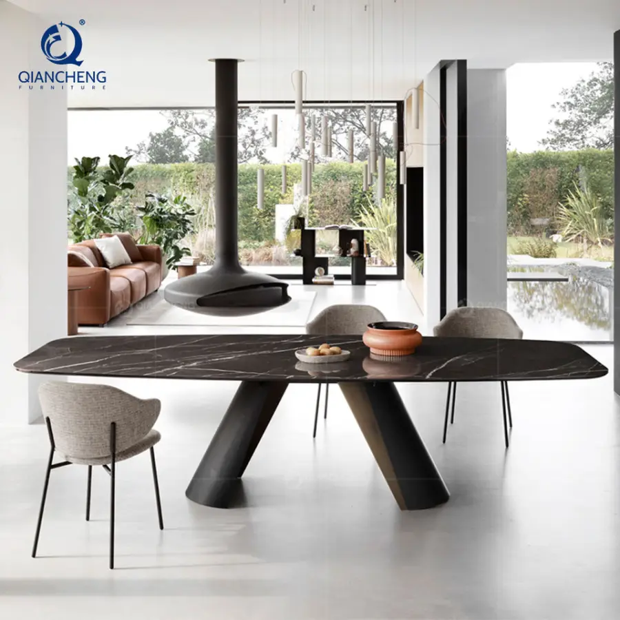 QIANCHENG Hot Style Luxury Home Furniture Supplier Marble Rectangular Dining Table Set Modern Esstisch Black and Gold Di — view 1