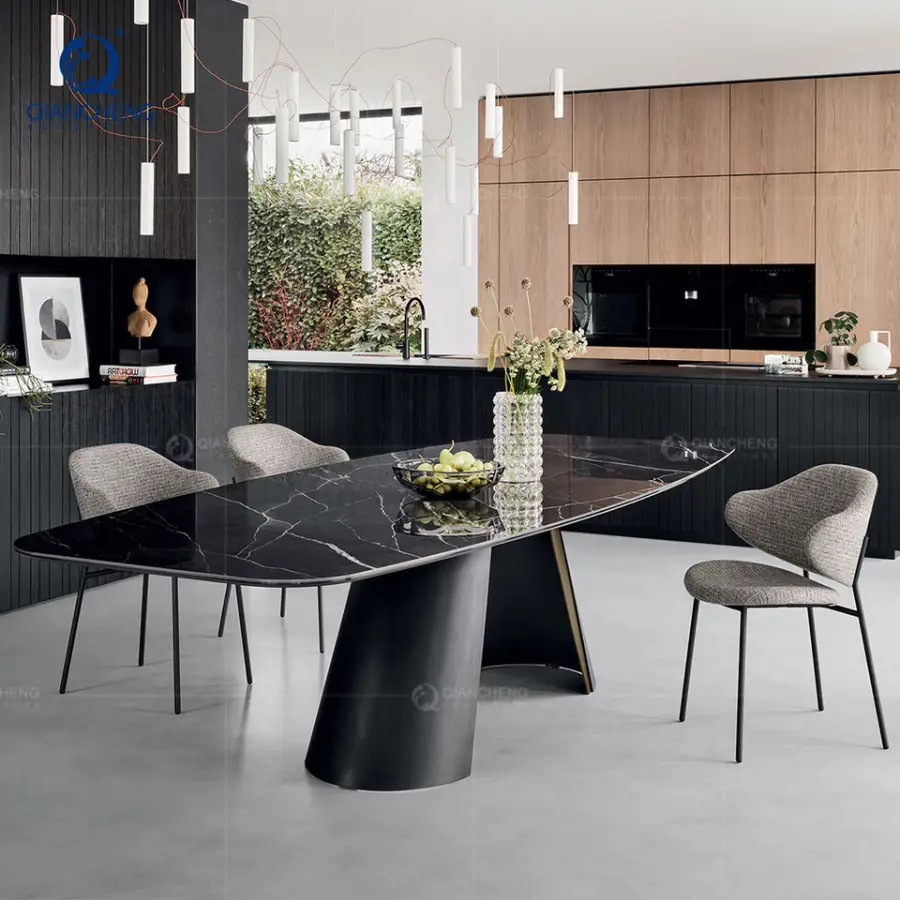 QIANCHENG Hot Style Luxury Home Furniture Supplier Marble Rectangular Dining Table Set Modern Esstisch Black and Gold Dinner Set — image 4
