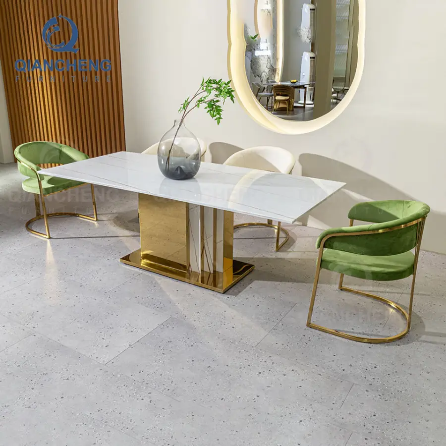 Wholesale 8 Seater Restaurant Kitchen Stainless Steel Dinning Room Furniture Gold Luxury Large Artificial Dining Room Ta — view 1