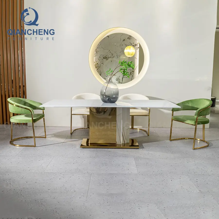 Wholesale 8 Seater Restaurant Kitchen Stainless Steel Dinning Room Furniture Gold Luxury Large Artificial Dining Room Table Set — image 3