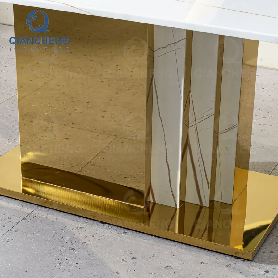Wholesale 8 Seater Restaurant Kitchen Stainless Steel Dinning Room Furniture Gold Luxury Large Artificial Dining Room Table Set — image 5