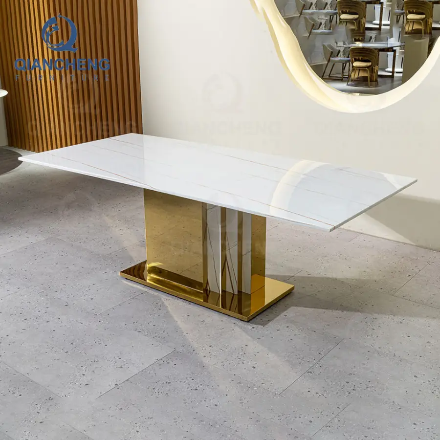 Wholesale 8 Seater Restaurant Kitchen Stainless Steel Dinning Room Furniture Gold Luxury Large Artificial Dining Room Table Set — image 6