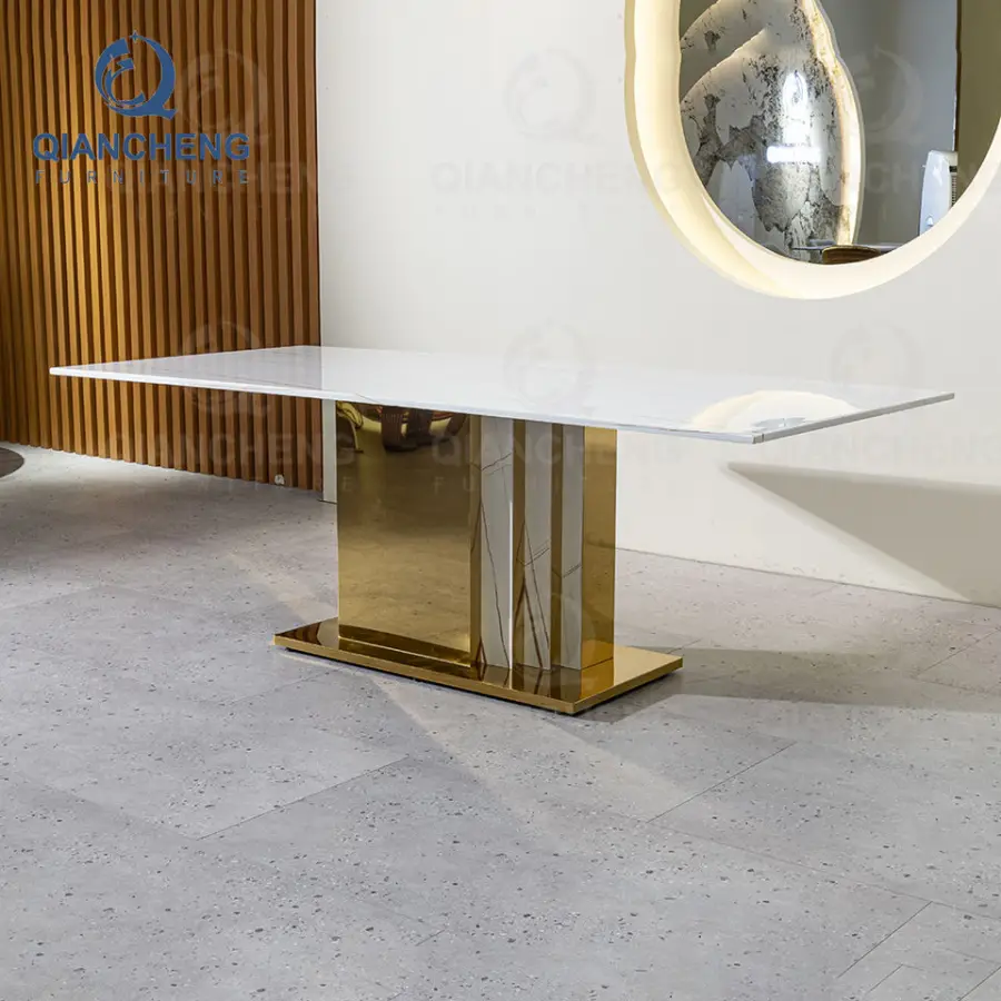 Wholesale 8 Seater Restaurant Kitchen Stainless Steel Dinning Room Furniture Gold Luxury Large Artificial Dining Room Table Set — image 7