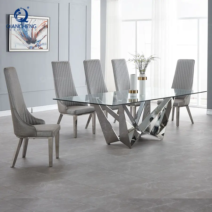 Dining Room Furniture Stainless Steel Tables and Chairs French Style Tempered Glass Dinning Table Set — view 1