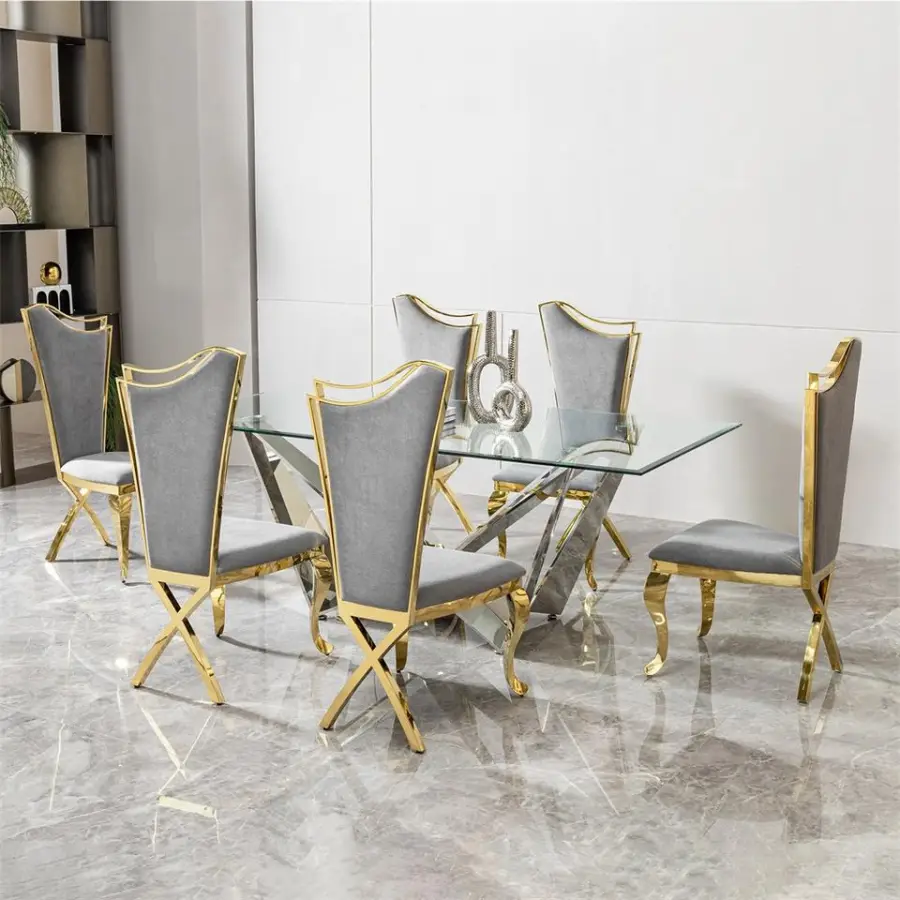 Dining Room Furniture Stainless Steel Tables and Chairs French Style Tempered Glass Dinning Table Set — image 3