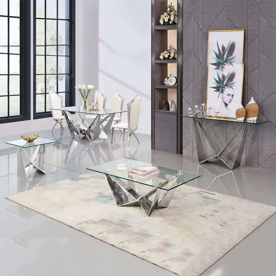 Dining Room Furniture Stainless Steel Tables and Chairs French Style Tempered Glass Dinning Table Set — image 5