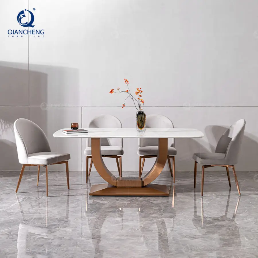 QIANCHENG Luxury Scandinavian High Grade Hotel Villa Furniture Rose Gold Natural Marble Stone Dining Room Table and Chai — view 1