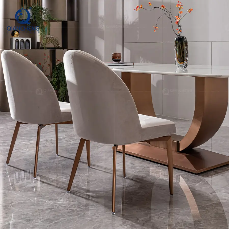 QIANCHENG Luxury Scandinavian High Grade Hotel Villa Furniture Rose Gold Natural Marble Stone Dining Room Table and Chairs — image 3