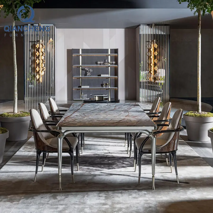 Luxury Dinning Room Furniture Italian Large Marble Artificial Dining Table Set — view 1