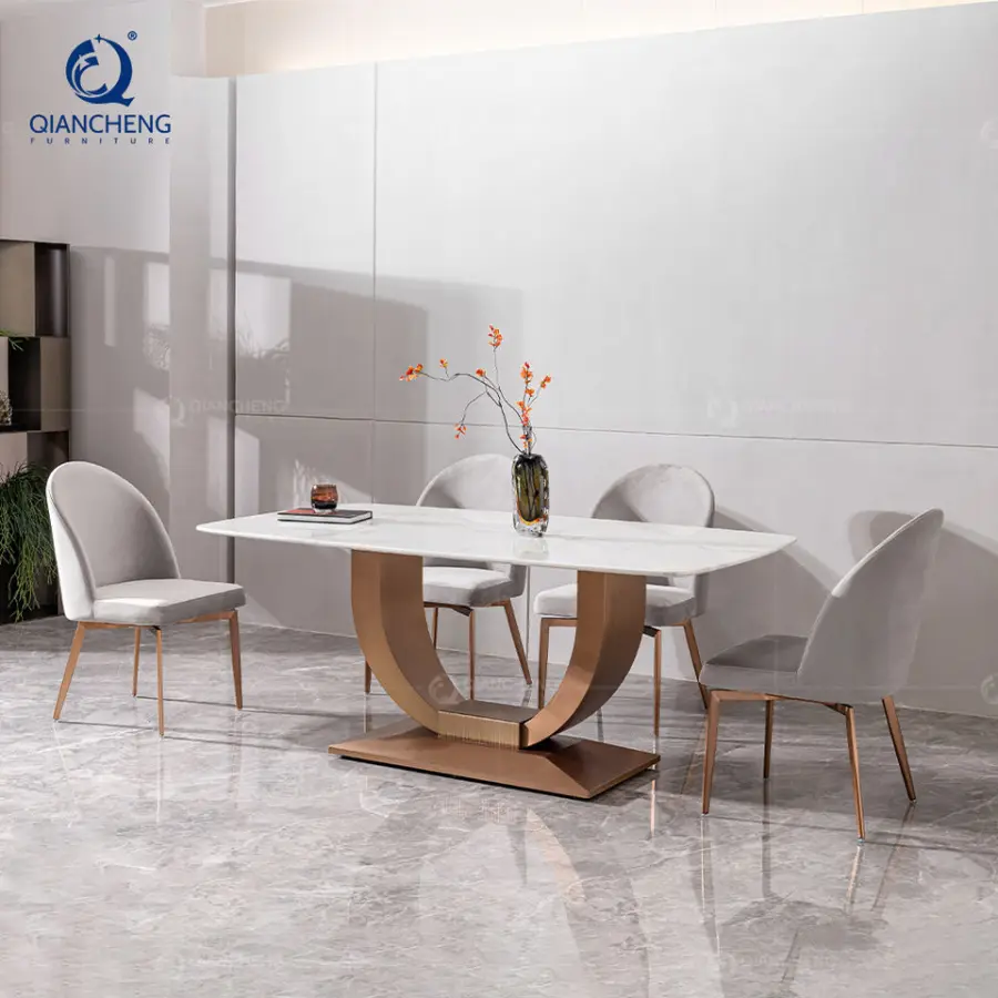 QIANCHENG Luxury Scandinavian High Grade Hotel Villa Furniture Rose Gold Natural Marble Stone Dining Room Table and Chairs — image 4
