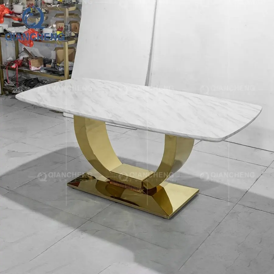 QIANCHENG Luxury Scandinavian High Grade Hotel Villa Furniture Rose Gold Natural Marble Stone Dining Room Table and Chairs — image 6