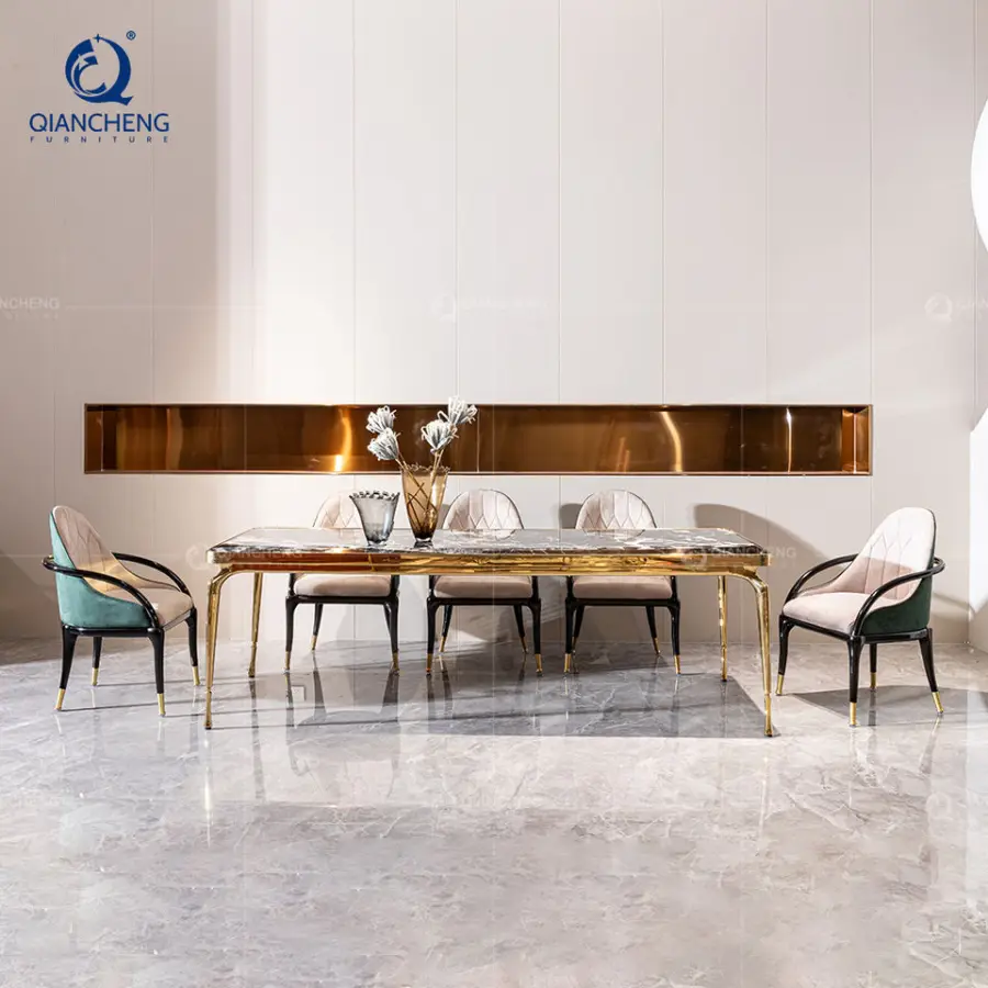 Luxury Dinning Room Furniture Italian Large Marble Artificial Dining Table Set — image 4