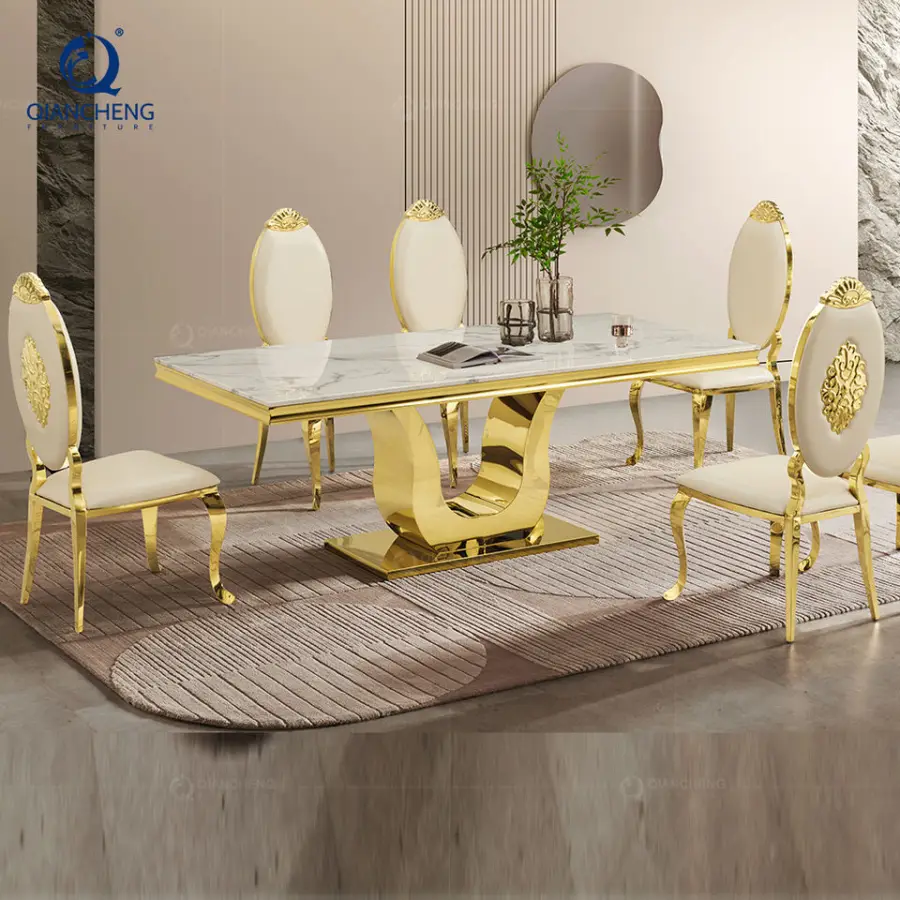 Luxury Hotel Dining Table Set 6 Chair Dinning Room Furniture Gold Stainless Steel Marble Party Wedding Event Table — image 3