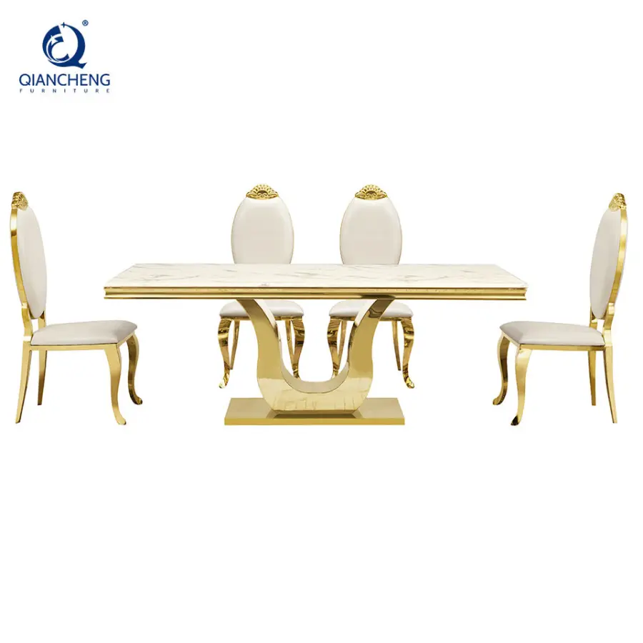 Luxury Hotel Dining Table Set 6 Chair Dinning Room Furniture Gold Stainless Steel Marble Party Wedding Event Table — image 4