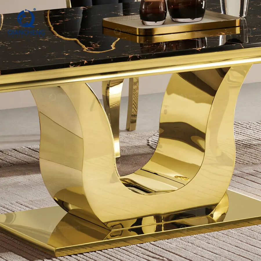 Luxury Hotel Dining Table Set 6 Chair Dinning Room Furniture Gold Stainless Steel Marble Party Wedding Event Table — image 5