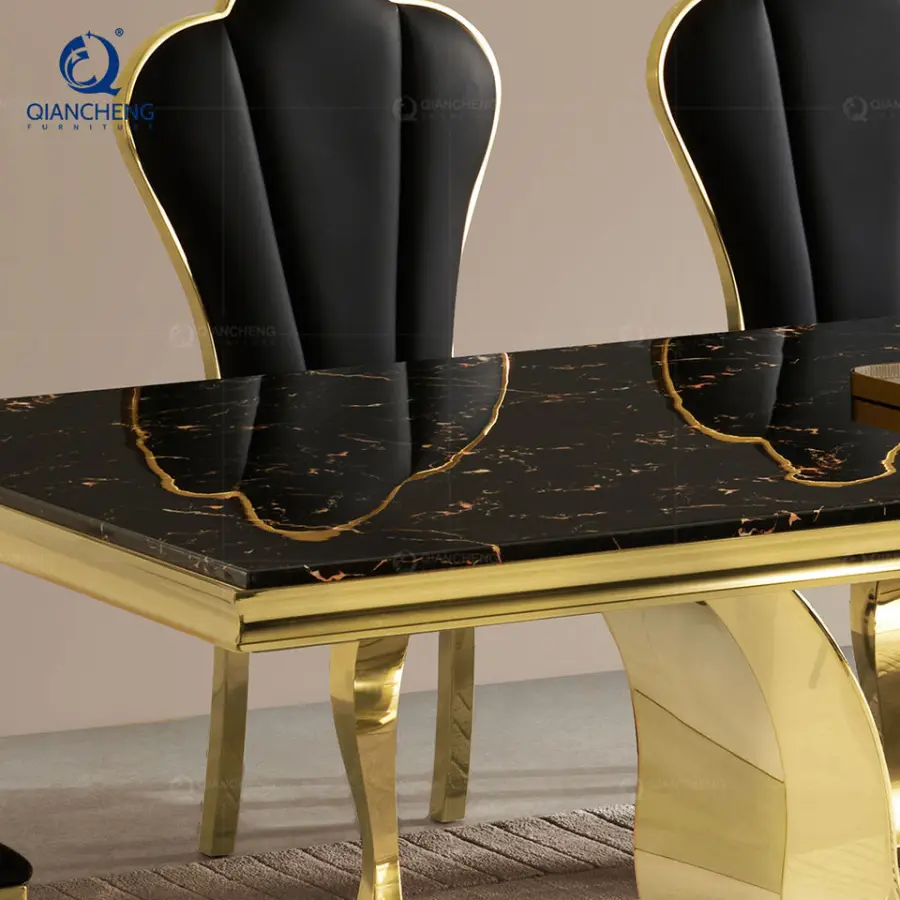 Luxury Hotel Dining Table Set 6 Chair Dinning Room Furniture Gold Stainless Steel Marble Party Wedding Event Table — image 6
