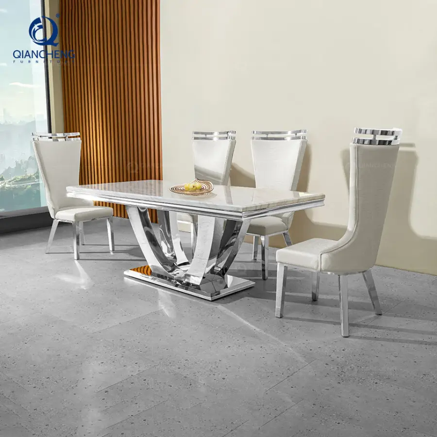 QIANCHENG Middle Eastern European Style Fashionable White Granite Marble Minimalista Sealing Glaze Dining Room Table and Chairs — image 3