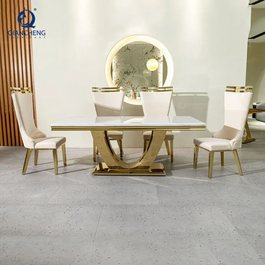 QIANCHENG Middle Eastern European Style Fashionable White Granite Marble Minimalista Sealing Glaze Dining Room Table and Chairs — image 4