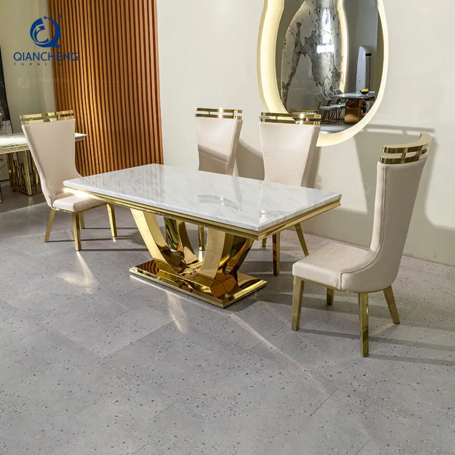 QIANCHENG Middle Eastern European Style Fashionable White Granite Marble Minimalista Sealing Glaze Dining Room Table and Chairs — image 5