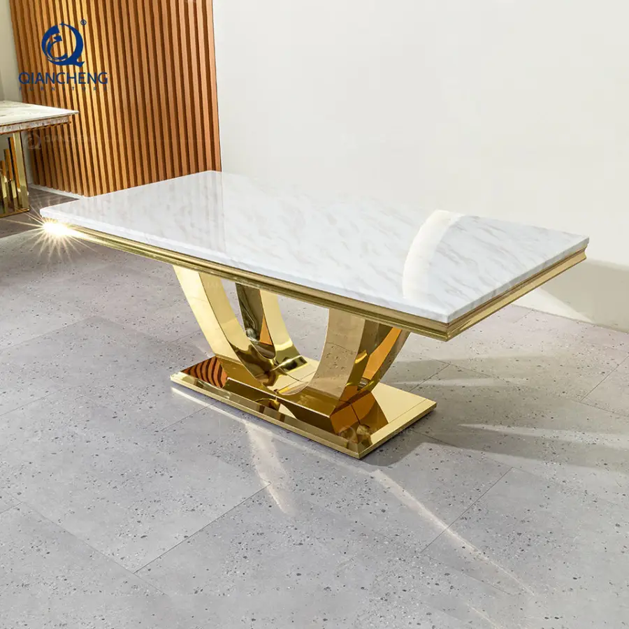 QIANCHENG Middle Eastern European Style Fashionable White Granite Marble Minimalista Sealing Glaze Dining Room Table and Chairs — image 7