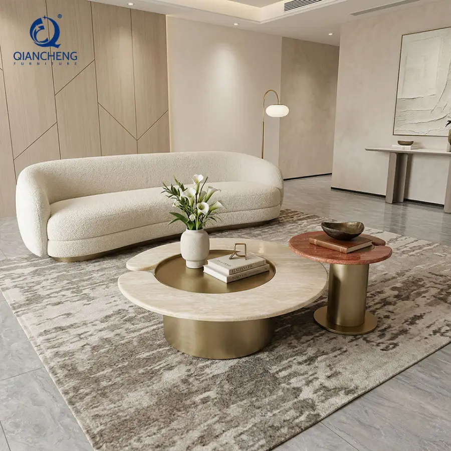 Luxury Center Table Set Modern Living Room Furniture Round Natural Travertine Top Stainless Steel Coffee Table for Home — view 1